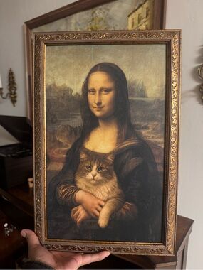 Classic Framed Wall Art - Brown and Black Mona Lisa Cat Print